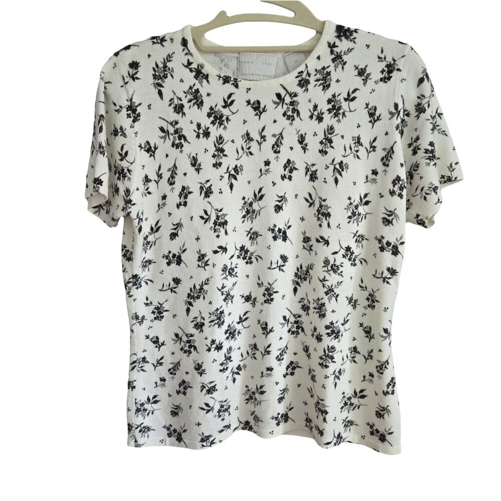 EMMA JAMES Ivory & Charcoal Patterned Short Sleeve Sweater M